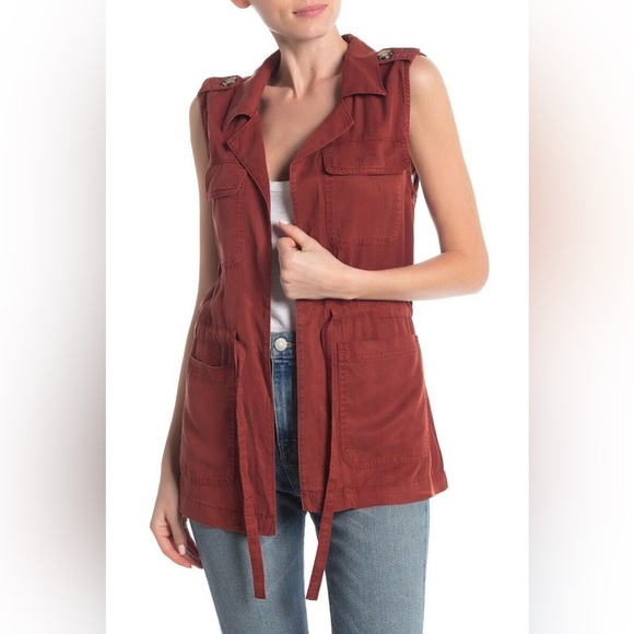 Sanctuary Lyocell Vest Open Front Tie Waist Rust Red Cargo Vest Sz Medium - Picture 1 of 15
